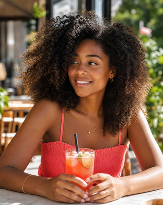 A smiling young Black woman with voluminous natural curls sits at an outdoor café, holding a refreshing summer drink.